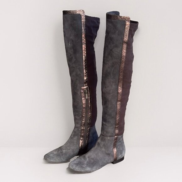Vince Camuto Filtra Over The Knee Boots Size 6 Gray Suede Bronze Snake Trim - Picture 2 of 11